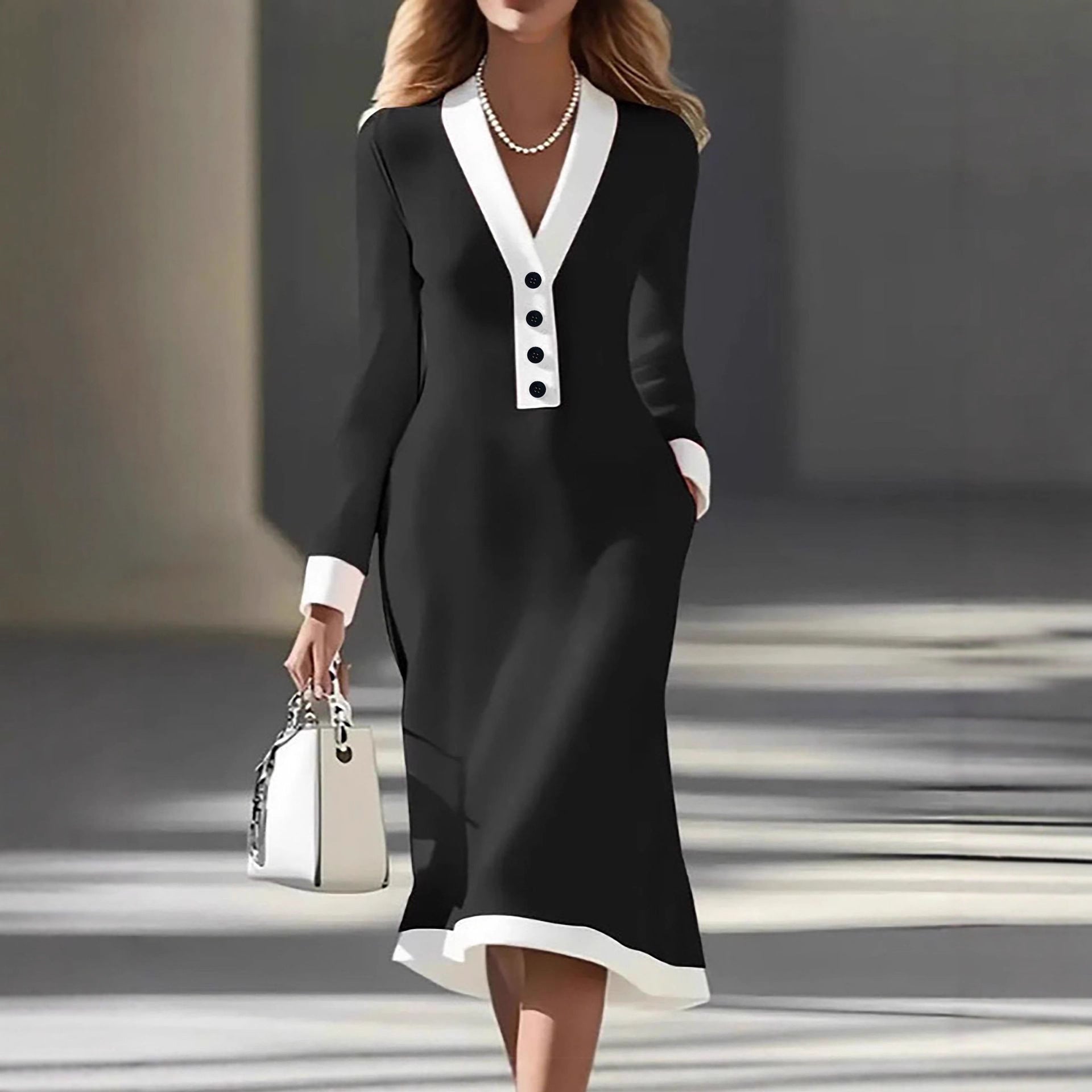 Commuting Color-block V-neck Midi Dress Casual