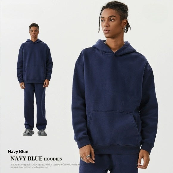 American-style Trendy Brand Fleece-lined Extra-thick Hoodie And Sweatpants Tracksuit Set - Image 8