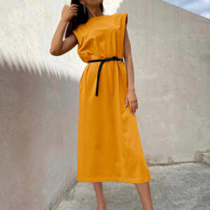 Solid Color Slit Sexy Casual Sleeveless Round Neck Straight Midi Dress