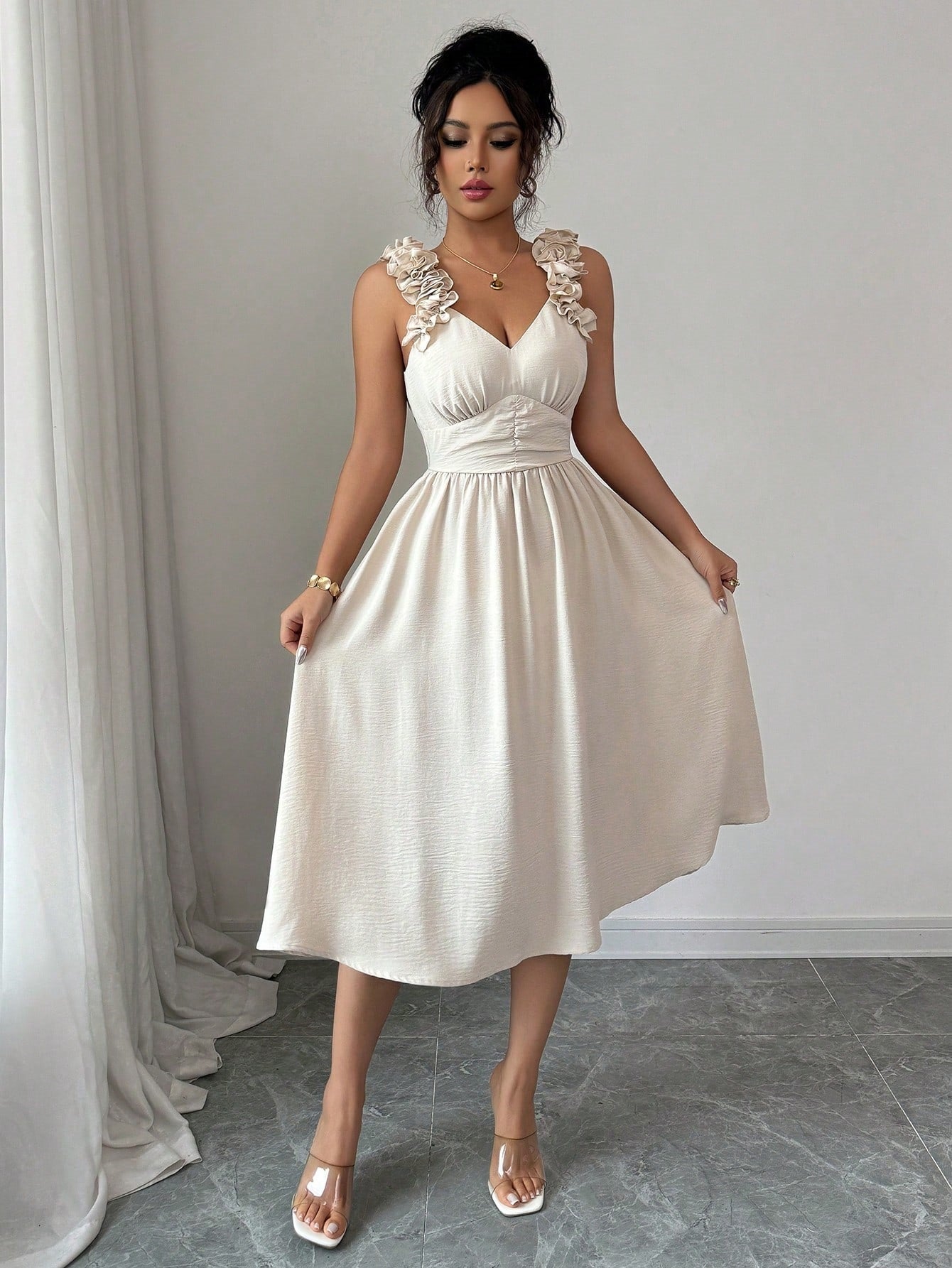 Women's Beige Textured Midi Dress - Image 6