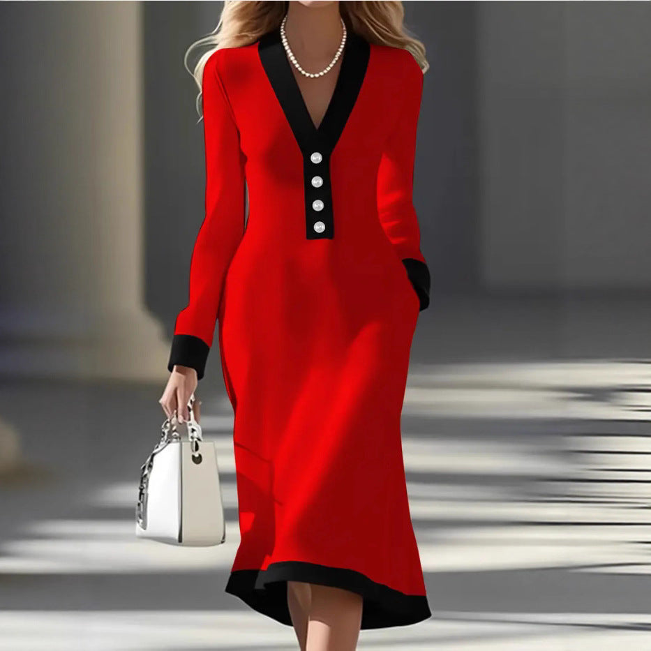 Commuting Color-block V-neck Midi Dress Casual - Image 3