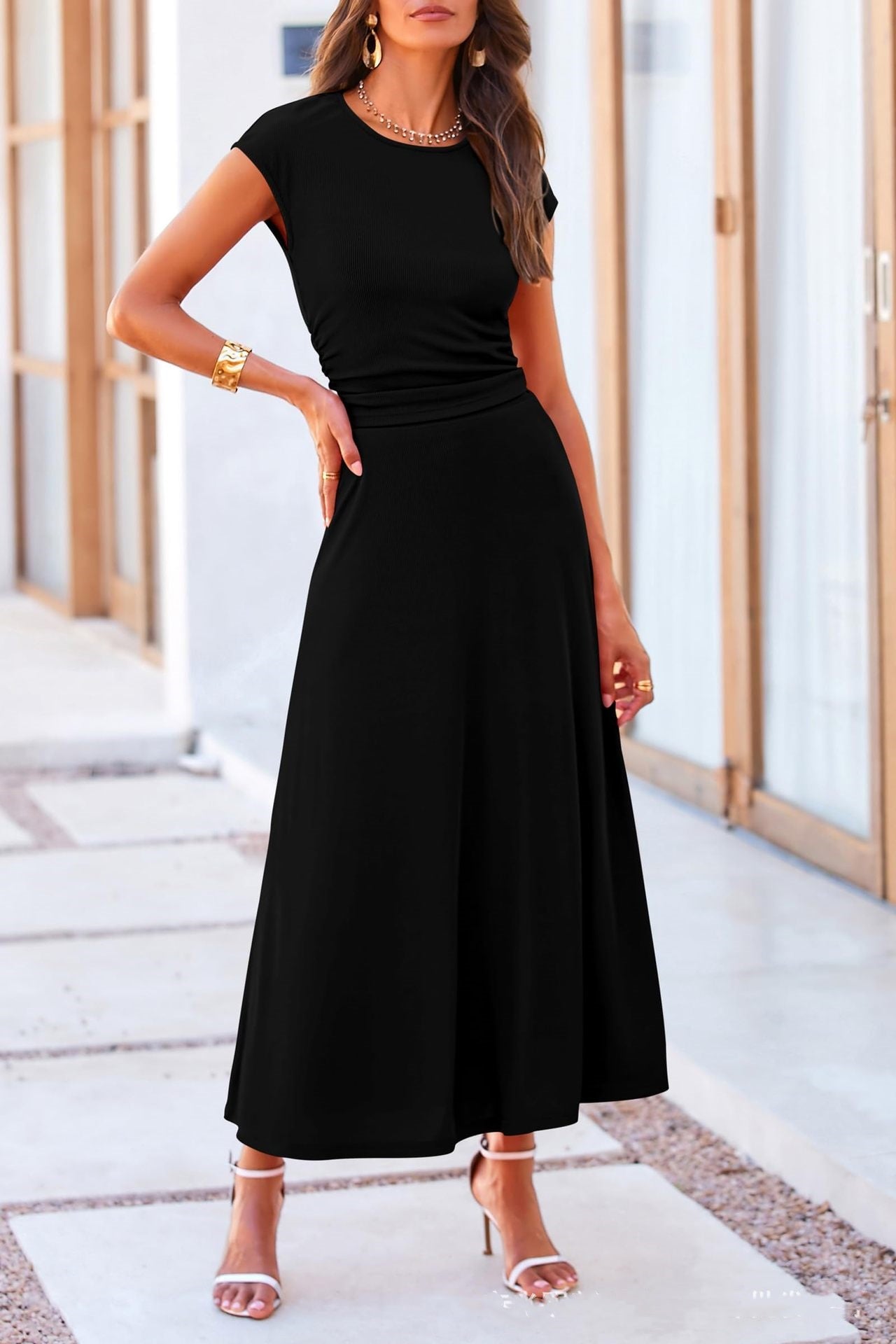 Casual Knitted Short Sleeve Midriff-baring Top Waist Midi Dress 2 Pieces Suit - Image 8