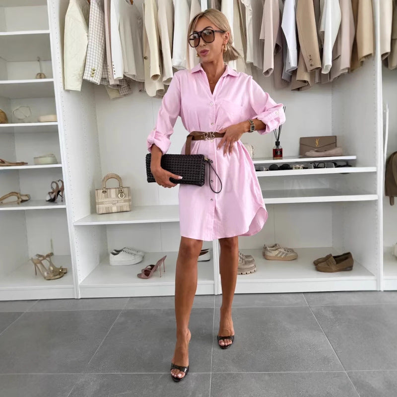 Summer Fashion All-matching Shirt With Belt Casual Midi Dress - Image 4