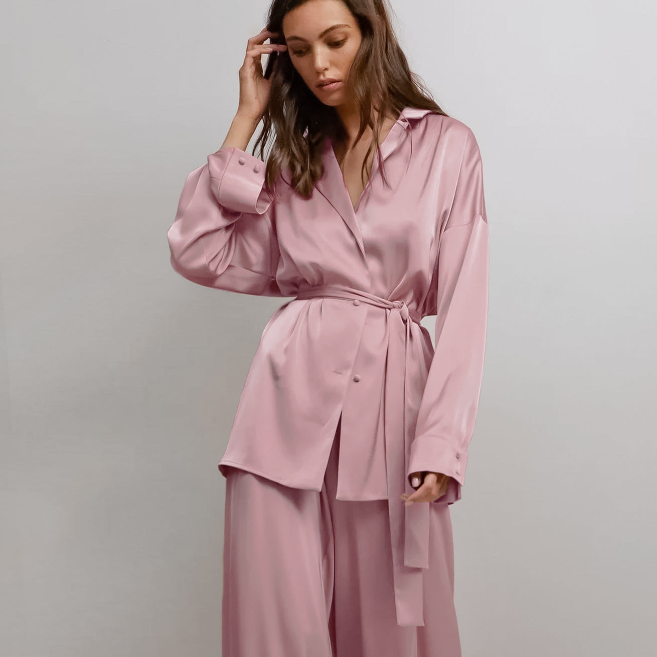 Womens Summer Loungewear Set Relaxed Comfortable Rayon-Look Pants And Robe For Casual Home Wear - Image 11