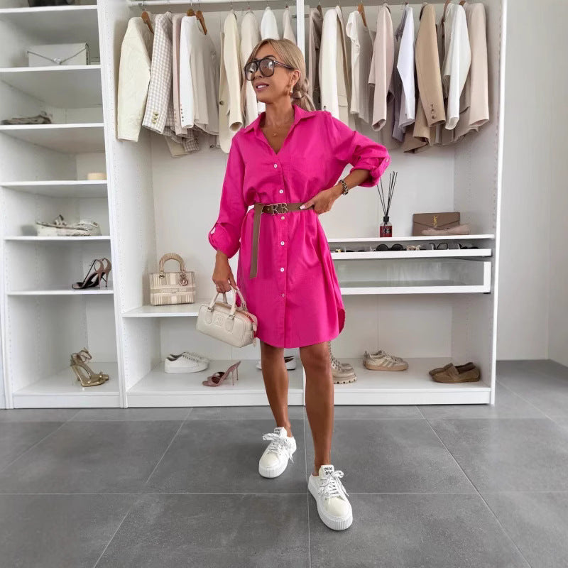 Summer Fashion All-matching Shirt With Belt Casual Midi Dress - Image 9