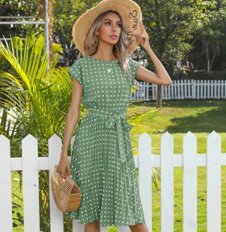 Summer Women Polka Dot Short Sleeve Dress Casual Bandage Party Pleated Midi Dresses Elegant Green Office Lady Clothing - Image 10