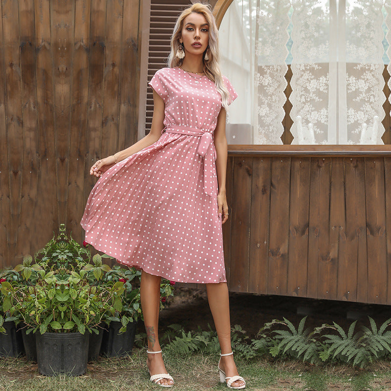 Summer Women Polka Dot Short Sleeve Dress Casual Bandage Party Pleated Midi Dresses Elegant Green Office Lady Clothing - Image 3