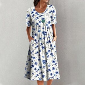 Women's Casual Floral Printed Midi Skirt Short Sleeve Dress